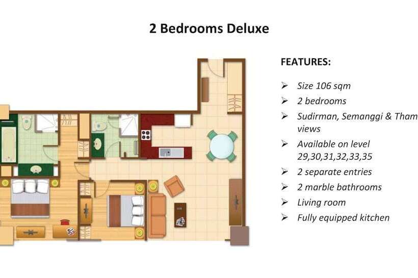 豪华两卧室公寓, The Mayflower, Jakarta Marriott Executive Apartments